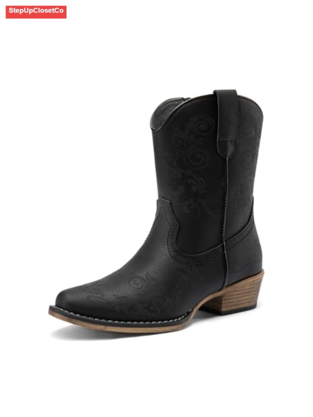Women's Vintage Cowboy Ankle Boots Square Toe Vegan Leather Side Zipper